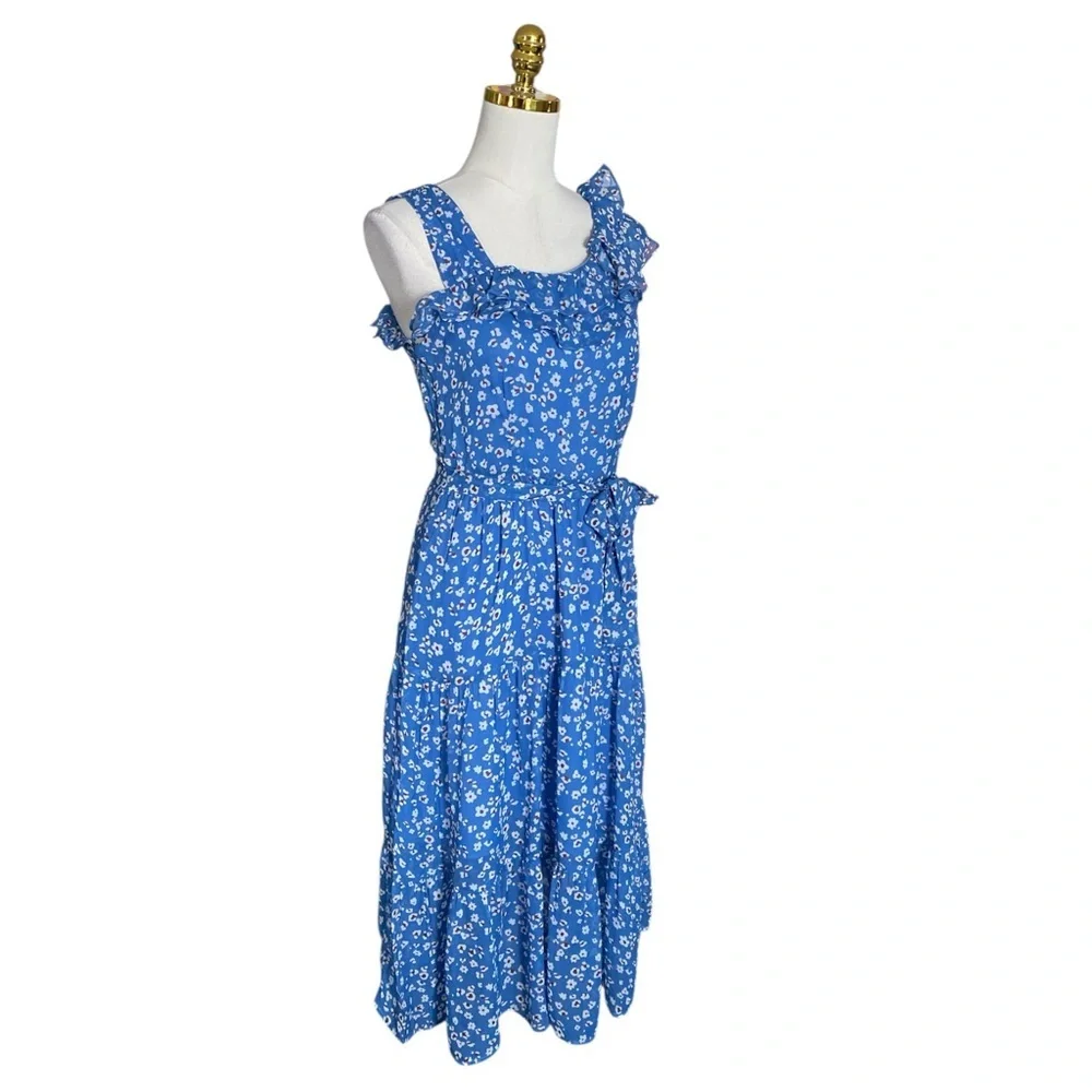 Amour Vert Women’s XS Blue Floral Ruffled Tiered Sleeveless Midi Silk Dress - Picture 4 of 10